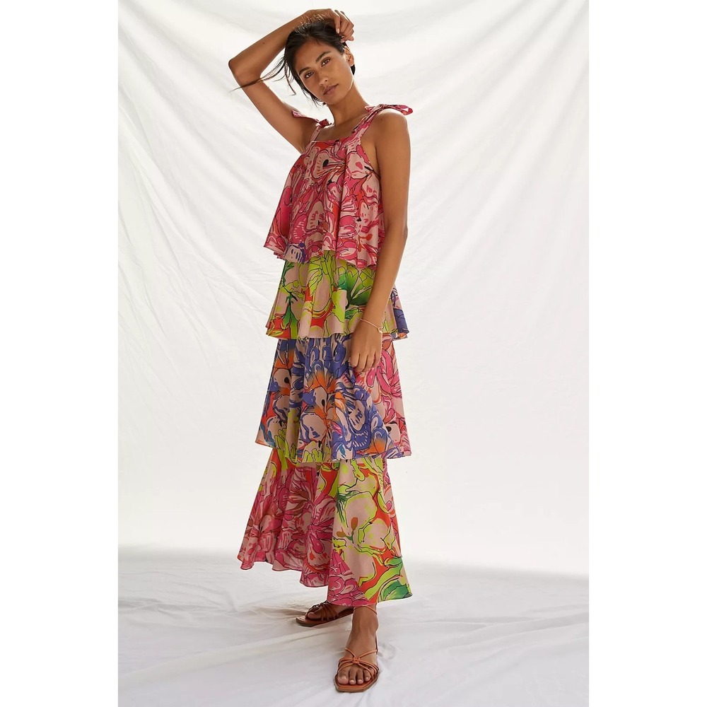 Anthropologie Roopa Pemmaraju Ruffle Floral Maxi Dress Tiered Sun Summer Tied